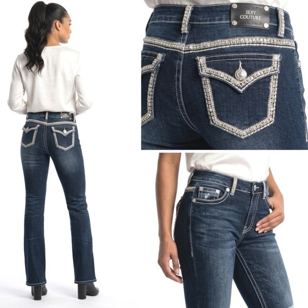 Sexy Couture Jeans Juniors 11 Blue Dark Wash Bootcut Rhinestone Stretch Denim‎